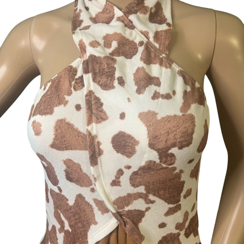 Blue Buttercup Mocha Tan Cow Print Halter Top Faux Suede Fringe Bottom Plus 3x